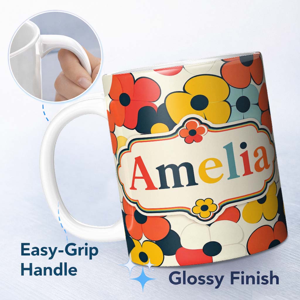 Personalized Custom Name Bold Pop Art Flowers Large Petals Abstract Seamless Pattern Name 11oz Ceramic Coffee Tea Mug White Large Handle
