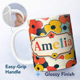 Personalized Custom Name Bold Pop Art Flowers Large Petals Abstract Seamless Pattern Name 11oz Ceramic Coffee Tea Mug White Large Handle