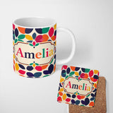 Personalized Custom Name Abstract Leaf Petal Shapes Scandinavian Style Seamless Pattern Name 11oz Ceramic Coffee Tea Mug White Large Handle