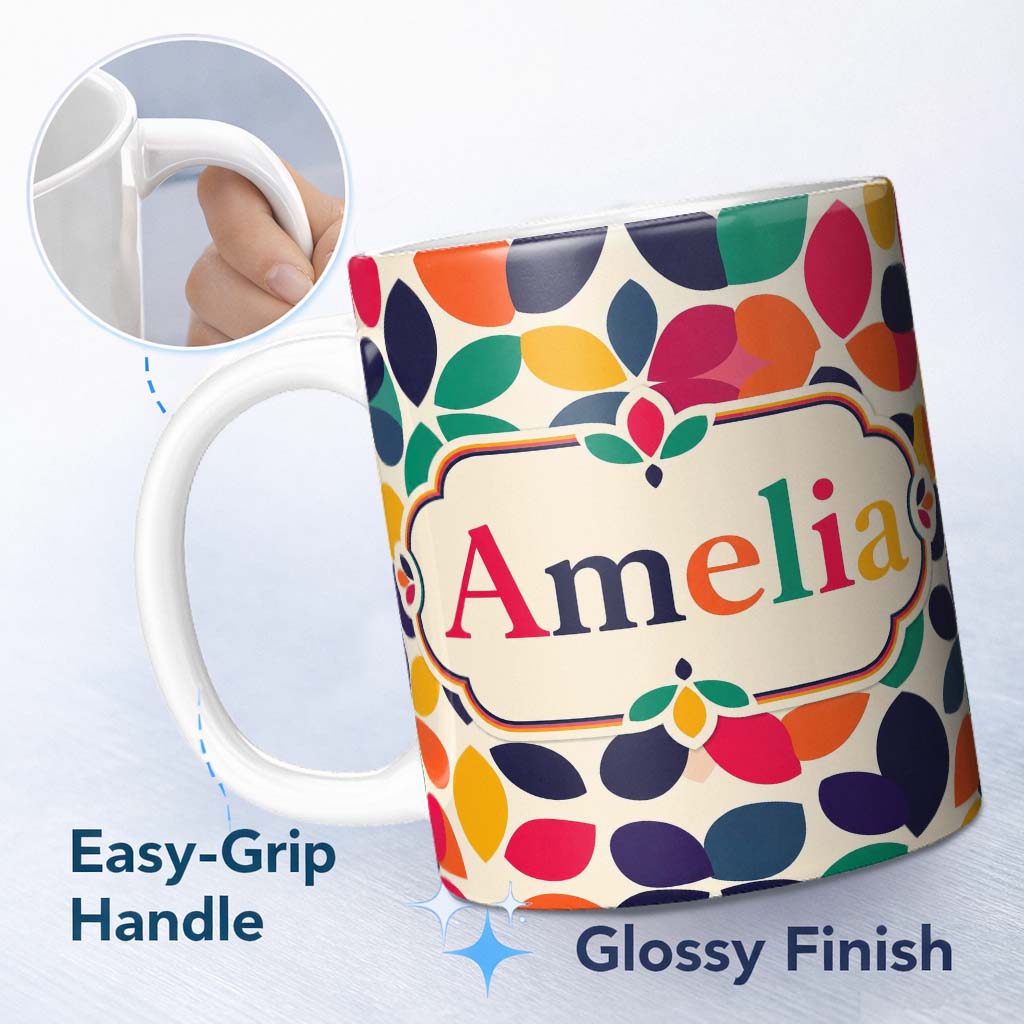 Personalized Custom Name Abstract Leaf Petal Shapes Scandinavian Style Seamless Pattern Name 11oz Ceramic Coffee Tea Mug White Large Handle