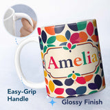 Personalized Custom Name Abstract Leaf Petal Shapes Scandinavian Style Seamless Pattern Name 11oz Ceramic Coffee Tea Mug White Large Handle