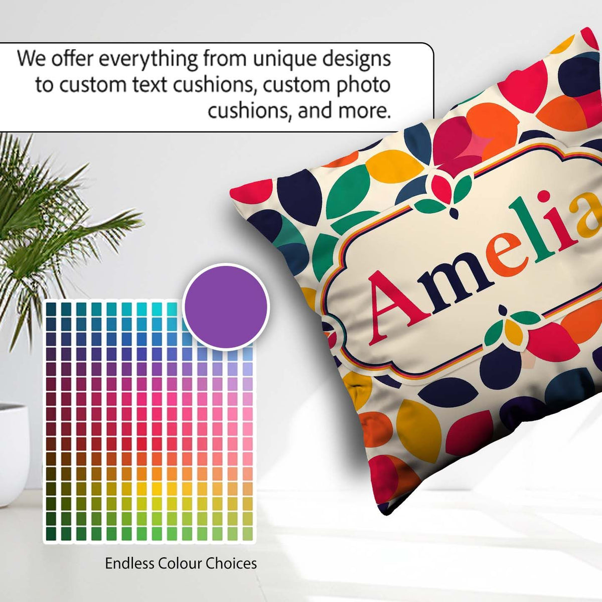 Custom Name Abstract Leaf Petal Scandinavian Style Seamless Name Square Filled Cushion Throw Pillow Sofa Bed Home Decor Zip Washable UK Made