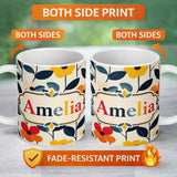Personalized Custom Name Scandinavian Floral Stems Simple Modern Flowers Seamless Pattern 11oz Ceramic Coffee Tea Mug White Large Handle