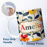 Personalized Custom Name Scandinavian Floral Stems Simple Modern Flowers Seamless Pattern 11oz Ceramic Coffee Tea Mug White Large Handle