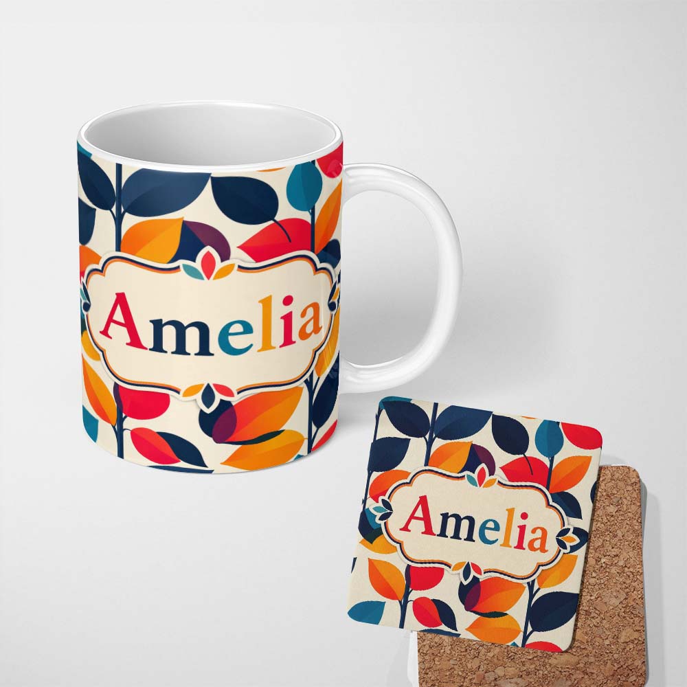 Personalized Custom Name Abstract Colorful Leaves Branch Pattern Minimal Seamless Name Cute 11oz Ceramic Coffee Tea Mug White Large Handle