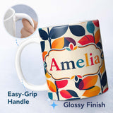 Personalized Custom Name Abstract Colorful Leaves Branch Pattern Minimal Seamless Name Cute 11oz Ceramic Coffee Tea Mug White Large Handle
