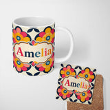 Personalized Custom Name Floral Circle Motif Bold Graphic Flowers Seamless Pattern Custom 11oz Ceramic Coffee Tea Mug White Large Handle