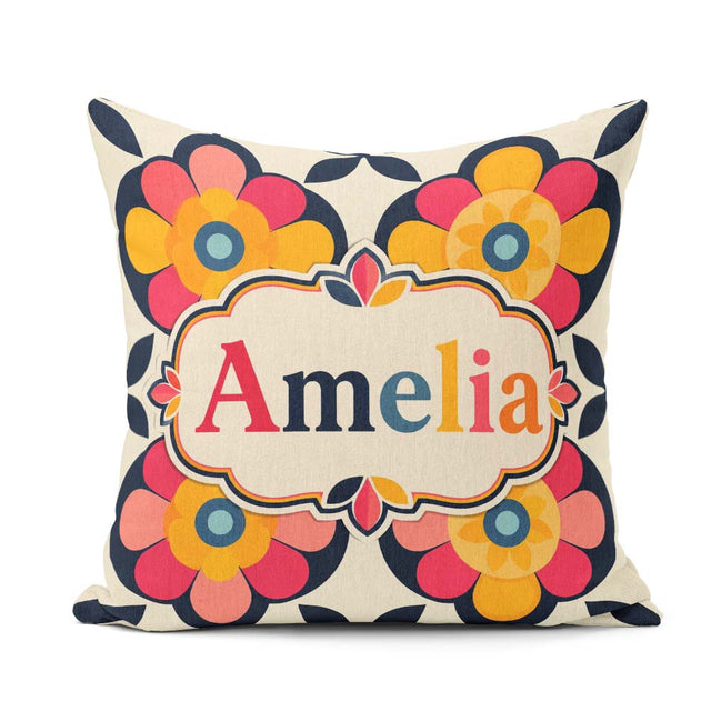 Custom Name Floral Circle Motif Graphic Flowers Seamless Pattern Square Filled Cushion Throw Pillow Sofa Bed Home Decor Zip Washable UK Made