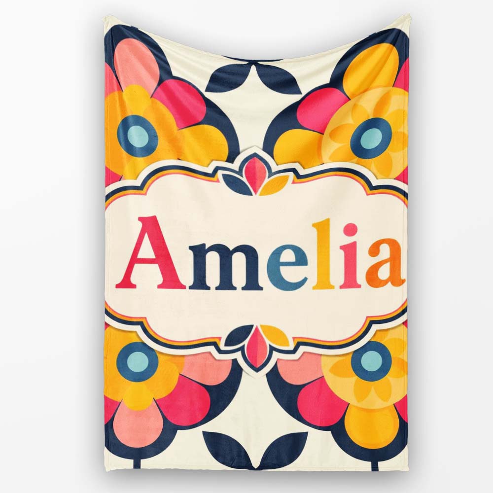Floral Circle Motif Bold Graphic Flowers Seamless Pattern Custom  Personalised Custom Name Super Soft Fleece Blanket Bed Sofa Throw