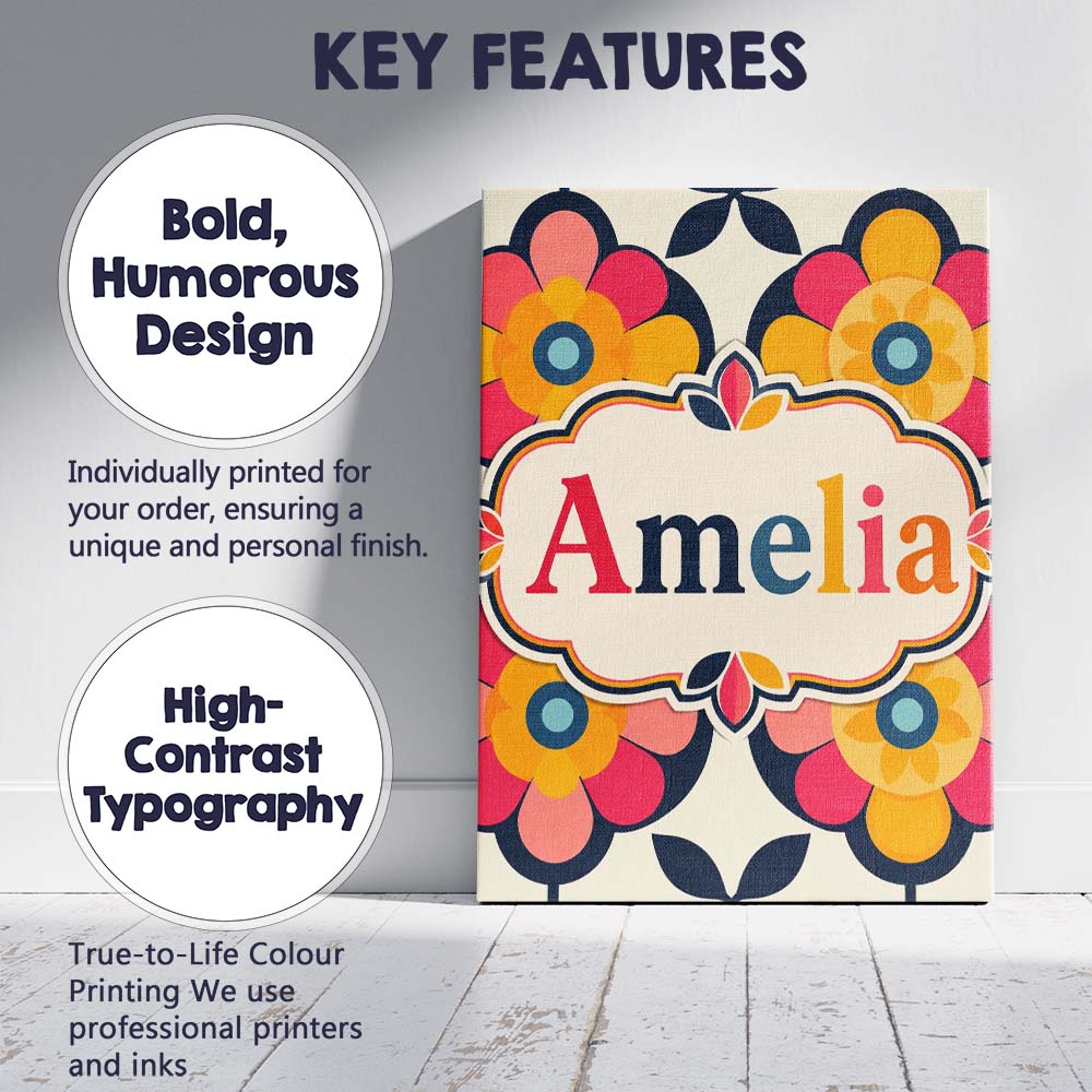 Personalised Name Floral Circle Motif Bold Custom  Unique Gift Idea Elegant Feature Canvas Wall Art Print Decor Picture Ready to Hang