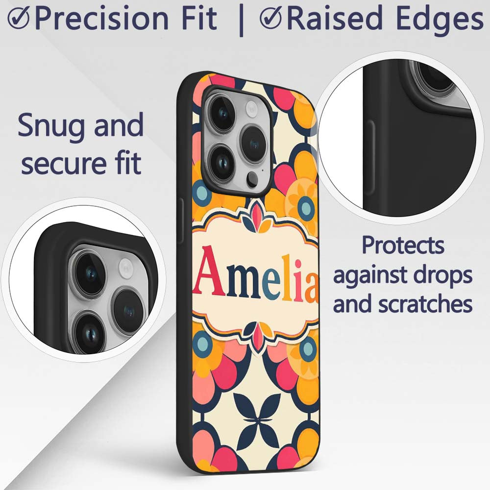 Floral Circle Motif Bold Graphic Flowers Seamless Custom Name Protective Phone Case Mobile Cover Durable Everyday Smartphone Shock Resistant