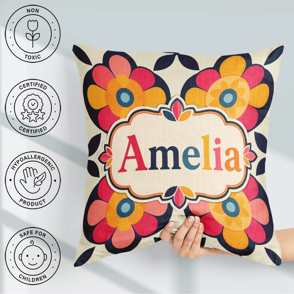 Custom Name Floral Circle Motif Graphic Flowers Seamless Pattern Square Filled Cushion Throw Pillow Sofa Bed Home Decor Zip Washable UK Made