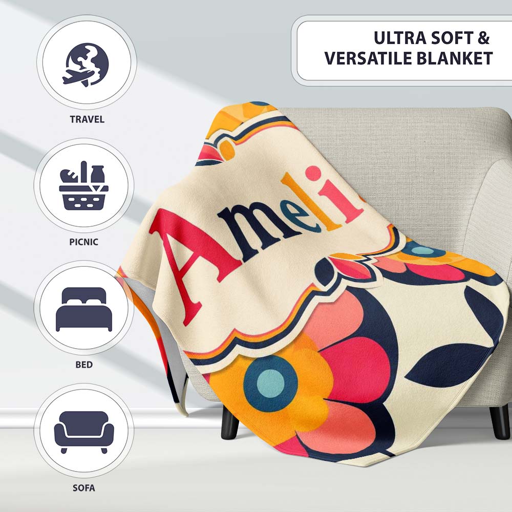 Floral Circle Motif Bold Graphic Flowers Seamless Pattern Custom  Personalised Custom Name Super Soft Fleece Blanket Bed Sofa Throw