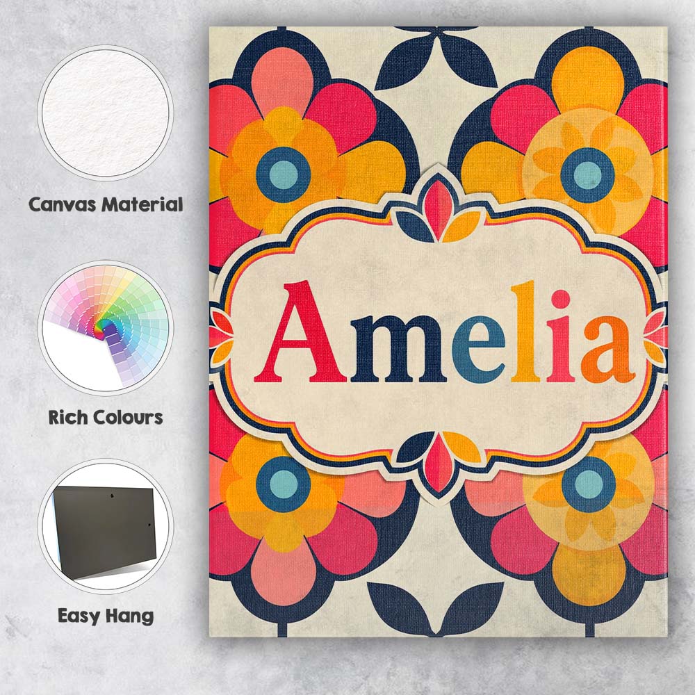 Personalised Name Floral Circle Motif Bold Custom  Unique Gift Idea Elegant Feature Canvas Wall Art Print Decor Picture Ready to Hang