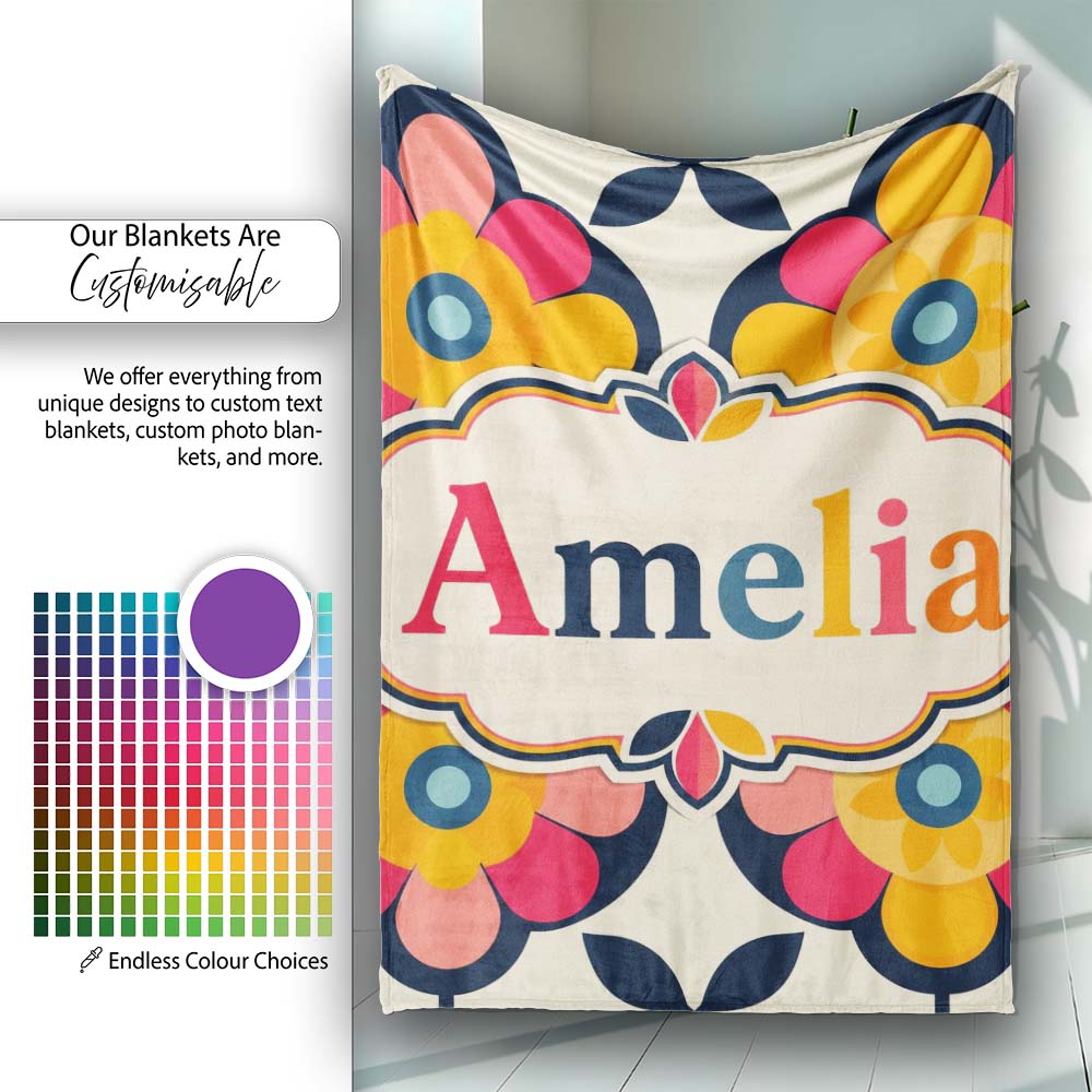 Floral Circle Motif Bold Graphic Flowers Seamless Pattern Custom  Personalised Custom Name Super Soft Fleece Blanket Bed Sofa Throw