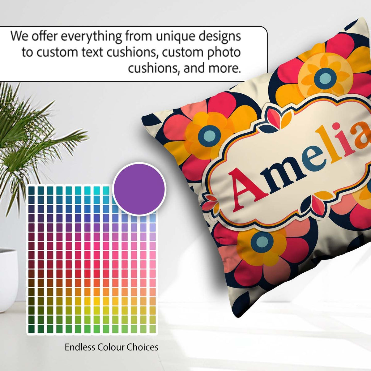 Custom Name Floral Circle Motif Graphic Flowers Seamless Pattern Square Filled Cushion Throw Pillow Sofa Bed Home Decor Zip Washable UK Made