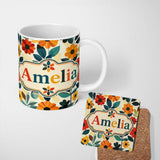 Personalized Custom Name Botanical Flowers and Leaves Soft Modern Seamless Pattern Custom 11oz Ceramic Coffee Tea Mug White Large Handle