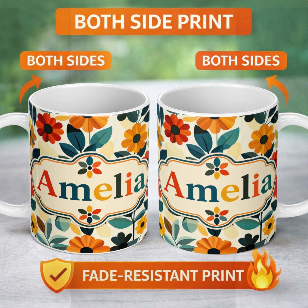 Personalized Custom Name Botanical Flowers and Leaves Soft Modern Seamless Pattern Custom 11oz Ceramic Coffee Tea Mug White Large Handle