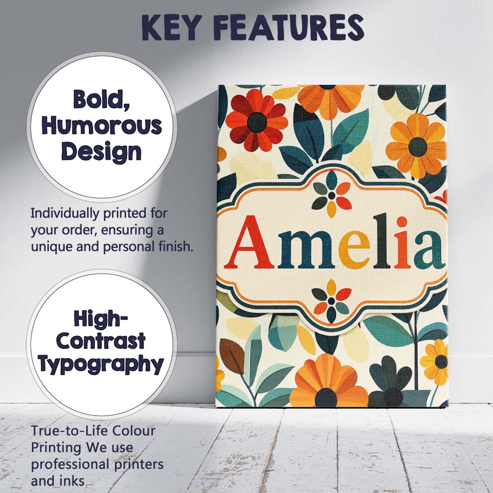 Personalised Name Botanical Flowers and Custom  Modern Room Accent Elegant Feature Canvas Wall Art Print Decor Picture Ready to Hang