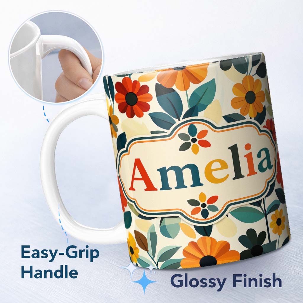 Personalized Custom Name Botanical Flowers and Leaves Soft Modern Seamless Pattern Custom 11oz Ceramic Coffee Tea Mug White Large Handle