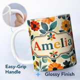 Personalized Custom Name Botanical Flowers and Leaves Soft Modern Seamless Pattern Custom 11oz Ceramic Coffee Tea Mug White Large Handle