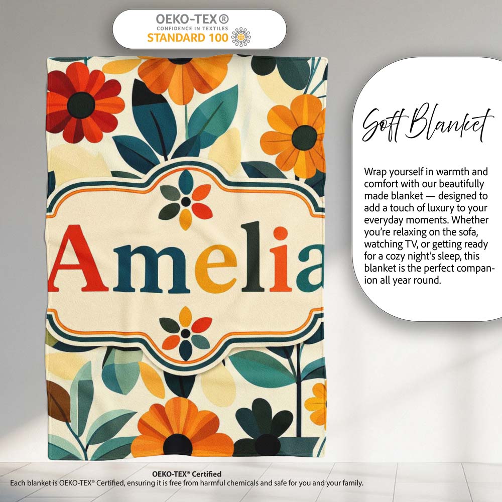 Botanical Flowers and Leaves Soft Modern Seamless Pattern Custom  Personalised Custom Name Super Soft Fleece Blanket Bed Sofa Throw