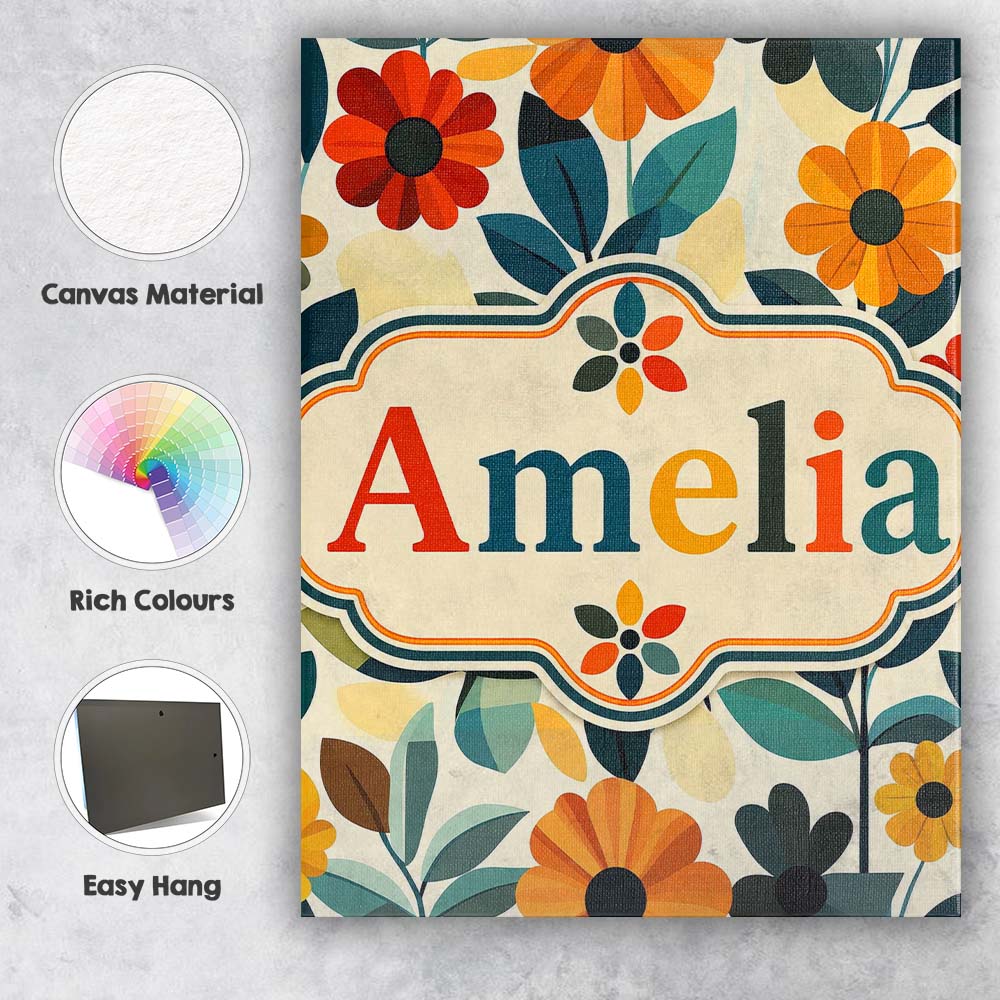 Personalised Name Botanical Flowers and Custom  Modern Room Accent Elegant Feature Canvas Wall Art Print Decor Picture Ready to Hang