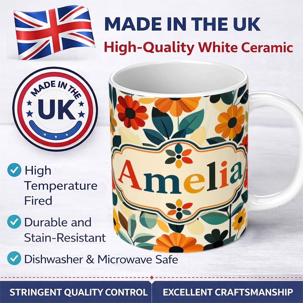 Personalized Custom Name Botanical Flowers and Leaves Soft Modern Seamless Pattern Custom 11oz Ceramic Coffee Tea Mug White Large Handle