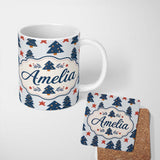 Personalized Custom Name Navy Blue Christmas Trees Red Stars Festive Seamless Pattern Lovely 11oz Ceramic Coffee Tea Mug White Large Handle