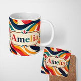 Personalized Custom Name Abstract Flowing Waves Colorful Curves Seamless Pattern Name Cute 11oz Ceramic Coffee Tea Mug White Large Handle