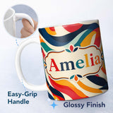 Personalized Custom Name Abstract Flowing Waves Colorful Curves Seamless Pattern Name Cute 11oz Ceramic Coffee Tea Mug White Large Handle
