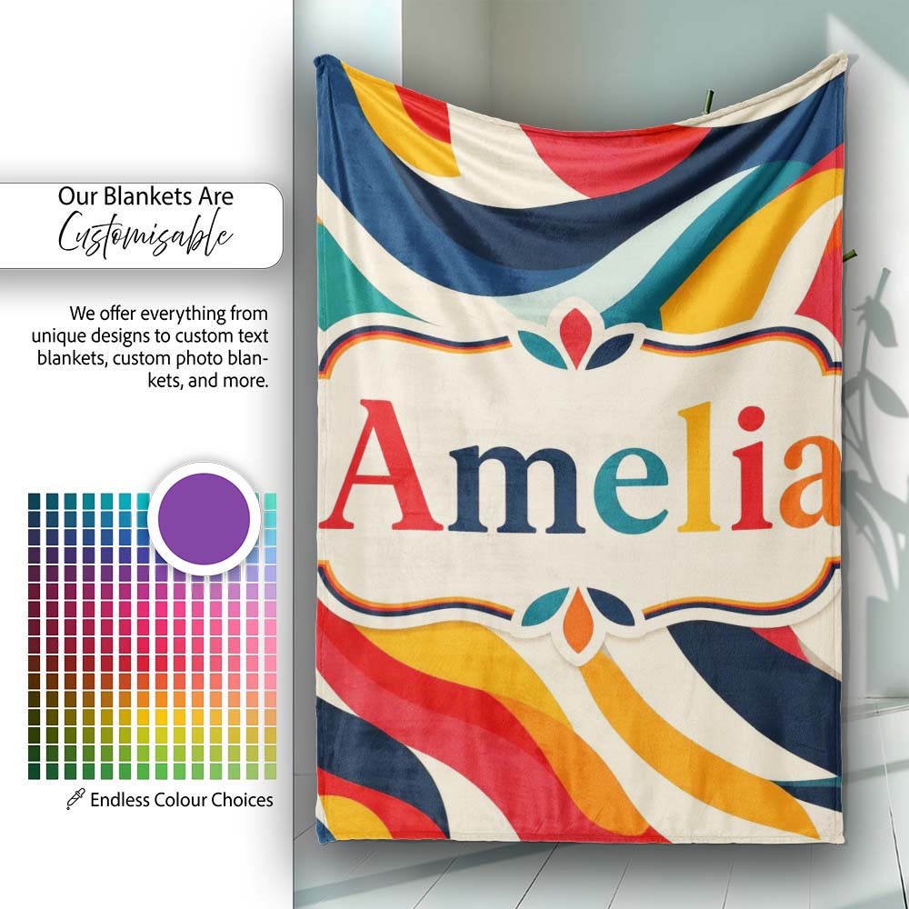 Abstract Flowing Waves Colorful Curves Seamless Pattern Name Cute  Personalised Custom Name Super Soft Fleece Blanket Bed Sofa Throw