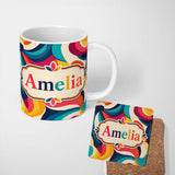 Personalized Custom Name Bold Swirl Shapes Vibrant Abstract Flow Seamless Pattern Name Cute 11oz Ceramic Coffee Tea Mug White Large Handle