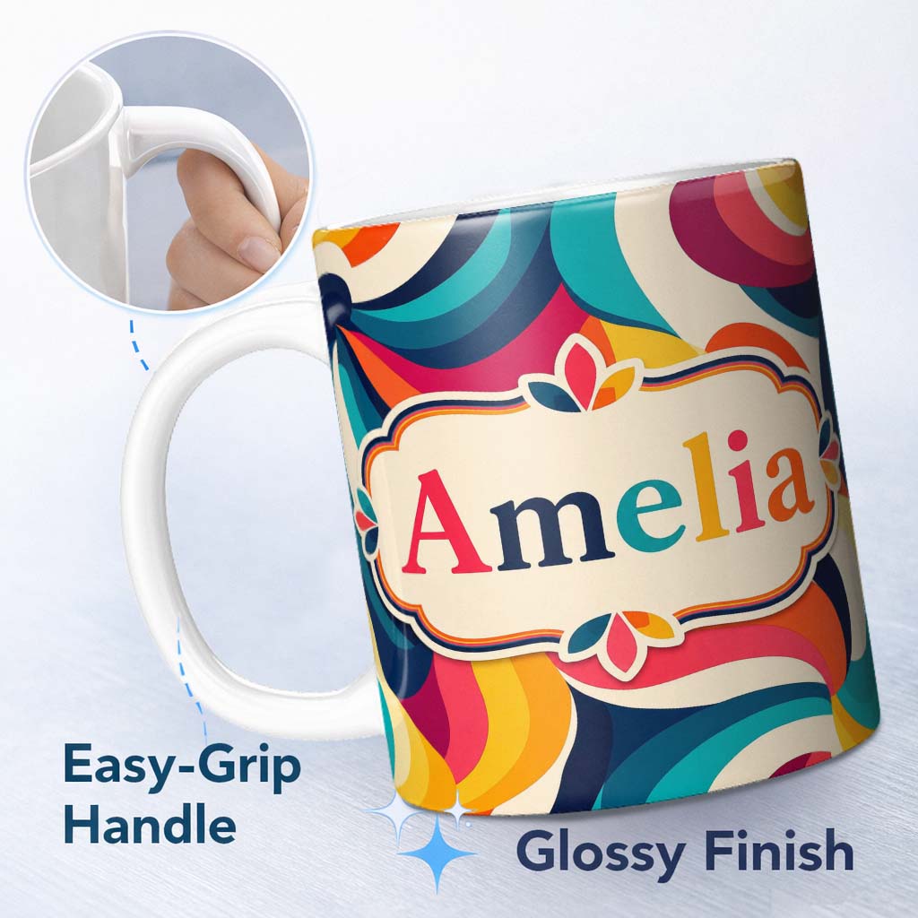 Personalized Custom Name Bold Swirl Shapes Vibrant Abstract Flow Seamless Pattern Name Cute 11oz Ceramic Coffee Tea Mug White Large Handle