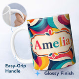 Personalized Custom Name Bold Swirl Shapes Vibrant Abstract Flow Seamless Pattern Name Cute 11oz Ceramic Coffee Tea Mug White Large Handle