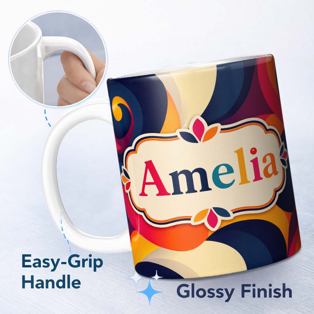 Personalized Custom Name Deep Color Gradient Waves Abstract Flow Seamless Pattern Name Cute 11oz Ceramic Coffee Tea Mug White Large Handle