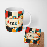 Personalized Custom Name Mid Century Geometric Blocks Textured Abstract Seamless Pattern 11oz Ceramic Coffee Tea Mug White Large Handle