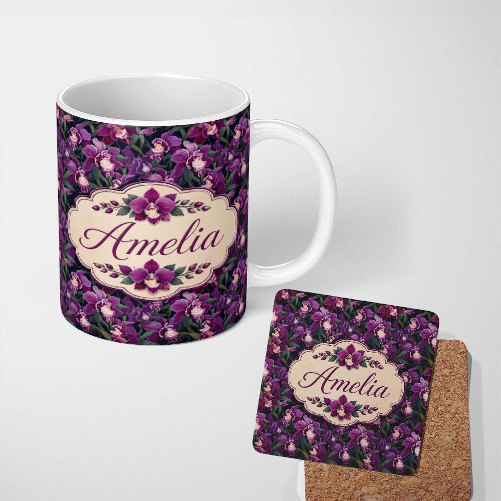 Personalized Custom Name Rich Purple Orchid Floral Pattern on Dark Background Elegant Lovely 11oz Ceramic Coffee Tea Mug White Large Handle