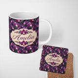 Personalized Custom Name Rich Purple Orchid Floral Pattern on Dark Background Elegant Lovely 11oz Ceramic Coffee Tea Mug White Large Handle