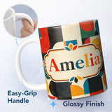 Personalized Custom Name Mid Century Geometric Blocks Textured Abstract Seamless Pattern 11oz Ceramic Coffee Tea Mug White Large Handle