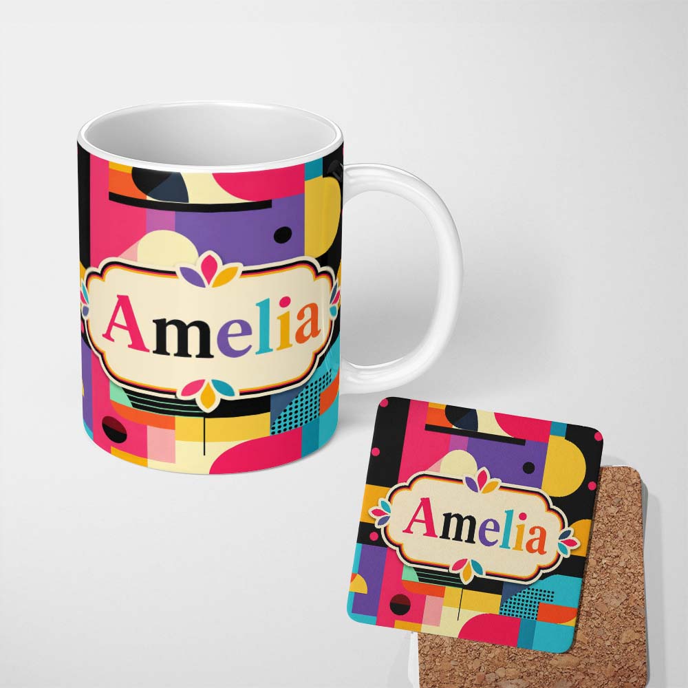 Personalized Custom Name Memphis Style Abstract Shapes Bright Pattern Seamless Name Cute 11oz Ceramic Coffee Tea Mug White Large Handle