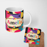 Personalized Custom Name Memphis Style Abstract Shapes Bright Pattern Seamless Name Cute 11oz Ceramic Coffee Tea Mug White Large Handle