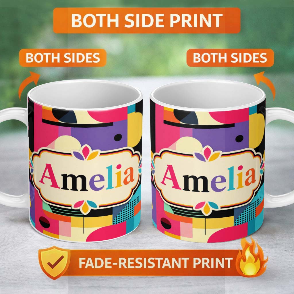 Personalized Custom Name Memphis Style Abstract Shapes Bright Pattern Seamless Name Cute 11oz Ceramic Coffee Tea Mug White Large Handle