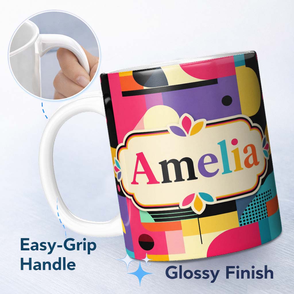 Personalized Custom Name Memphis Style Abstract Shapes Bright Pattern Seamless Name Cute 11oz Ceramic Coffee Tea Mug White Large Handle