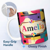 Personalized Custom Name Memphis Style Abstract Shapes Bright Pattern Seamless Name Cute 11oz Ceramic Coffee Tea Mug White Large Handle
