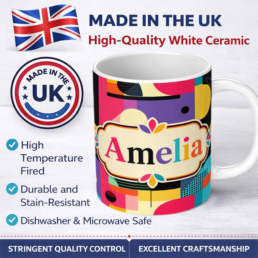 Personalized Custom Name Memphis Style Abstract Shapes Bright Pattern Seamless Name Cute 11oz Ceramic Coffee Tea Mug White Large Handle
