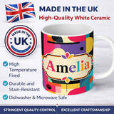 Personalized Custom Name Memphis Style Abstract Shapes Bright Pattern Seamless Name Cute 11oz Ceramic Coffee Tea Mug White Large Handle