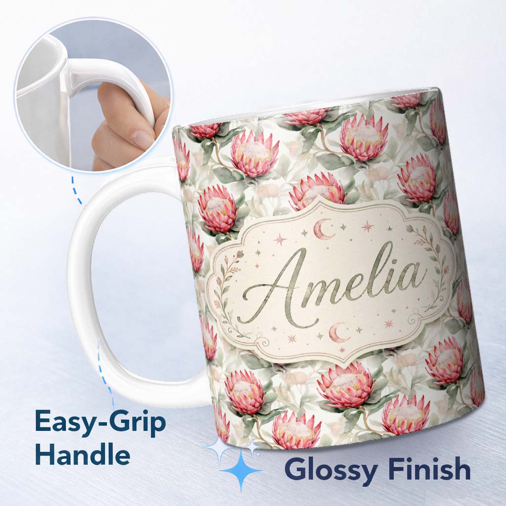 Personalized Custom Name Soft Pink Protea Blooms Watercolor Seamless Pattern Cute Unique Gift 11oz Ceramic Coffee Tea Mug White Large Handle
