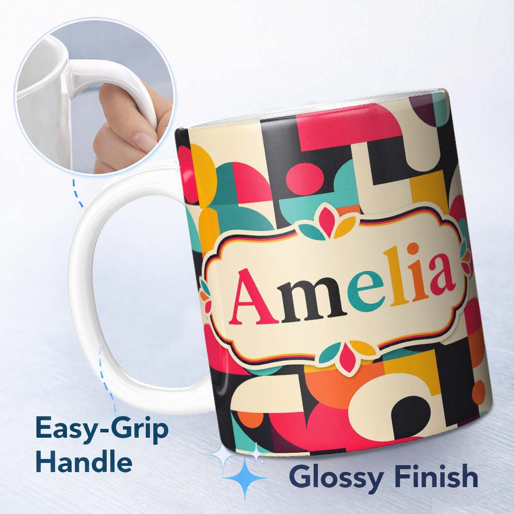 Personalized Custom Name Modern Geometric Circles and Shapes Bold Abstract Seamless Pattern 11oz Ceramic Coffee Tea Mug White Large Handle
