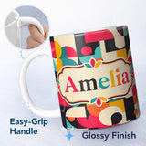 Personalized Custom Name Modern Geometric Circles and Shapes Bold Abstract Seamless Pattern 11oz Ceramic Coffee Tea Mug White Large Handle
